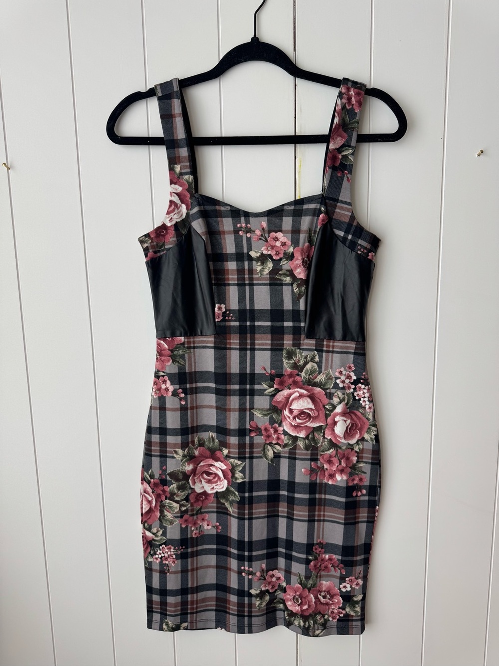 VENUS Plaid Floral Bodycon Dress Sweetheart Sleeveless Black Pink Gray S